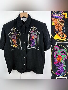 Vintage 100% Silk Embroidered Showgirl Tropical Victorian Women Blouse Black